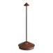 A brown table lamp with a metal pole and a cone shaped base.