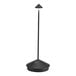A black cordless rechargeable table lamp with a slim stem and conical shade.