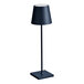 A steel blue Zafferano America Poldina Pro table lamp with a light on a black pole with a white shade.