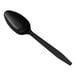 A black plastic teaspoon with a long handle.