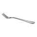 A close-up of a silver Choice Milton cocktail/oyster fork with a white handle.