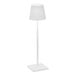 A Zafferano America Poldina Pro white cordless table lamp on a stand with a white shade.