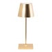 A Zafferano America Poldina Pro Mini gold table lamp on a stand with a white shade.