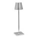 A Zafferano America Poldina Pro table lamp with a silver metal base and cone shaped light.