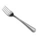 A silver fork with a white background.