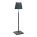 A dark gray Zafferano America Poldina Pro table lamp with a white background