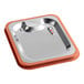 A silver Vigor 1/2 size stainless steel steam table pan cover with an orange silicone seal on a counter.