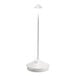 A white cordless rechargeable table lamp with a slim stem and conical shade.