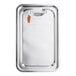 A silver stainless steel tray with a clip-on silicone sealed lid with an orange handle.