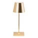 A Zafferano America Poldina Pro Mini glossy gold table lamp on a stand with a white shade.