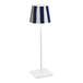 A white lamp with a blue and white striped shade.