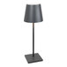 A Zafferano America Poldina Pro L dark gray desk lamp with a black stand and shade.