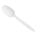 A close-up of a white Choice heavy weight plastic teaspoon with a white handle.