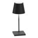 A dark gray Zafferano America Poldina Pro Mini cordless table lamp on a stand.