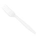 A close-up of a Choice white plastic fork.