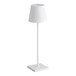 A white table lamp with a square base and pole.