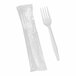 A Choice white heavy weight wrapped polypropylene plastic fork in a plastic bag.