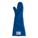 A blue Tucker Safety Products oven mitt with a yellow handle.