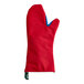 A red Tucker Safety oven mitt with blue trim.