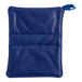 A blue cloth hot pad with extra insulation in a blue pouch with a string.