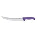 A Victorinox butcher knife with a purple Fibrox handle.