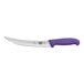 A Victorinox butcher knife with a purple Fibrox handle.