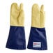 A pair of blue and yellow Tucker Safety oven gloves.