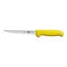 A Victorinox boning knife with a yellow handle.