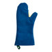 A blue Tucker Safety oven mitt with yellow trim.