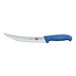 A Victorinox butcher knife with a blue Fibrox handle.