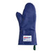 A blue Tucker Safety oven mitt with a white label and green strap.