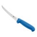 A Victorinox boning knife with a blue Fibrox handle.
