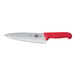 A Victorinox chef knife with a red handle.