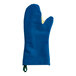 A blue Tucker Safety oven mitt with a green handle.