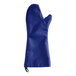 A blue Tucker Safety oven mitt with a green handle on a white background.