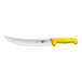 A Victorinox butcher knife with a yellow handle.