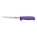 A Victorinox boning knife with a purple Fibrox handle.