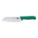 A Victorinox Santoku knife with a green Fibrox handle.