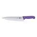 A Victorinox chef knife with a purple Fibrox handle.