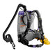 A ProTeam backpack vacuum with a hose attached.