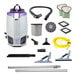 A ProTeam GoFit backpack vacuum with ProBlade hard surface and carpet kit accessories.