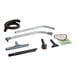 A ProTeam vacuum cleaner kit with hose and other accessories, including a gray backpack vacuum.