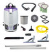 A white and purple ProTeam GoFit 6 PLUS backpack vacuum with various hard surface and carpet tools.