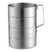 A silver metal measuring cup with a handle.
