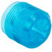 A close-up of a blue plastic cap with a circular design.