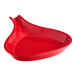 A red stoneware bowl with a curved edge and a handle.