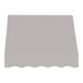 A gray awning with scalloped edges over a white background.