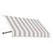 An open-sided grey and white striped Awntech Dallas fabric awning.