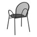 A black Lancaster Table & Seating outdoor arm chair with a mesh back.
