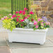 A Novelty Manufacturing Co. white rectangular patio planter with pink flowers.